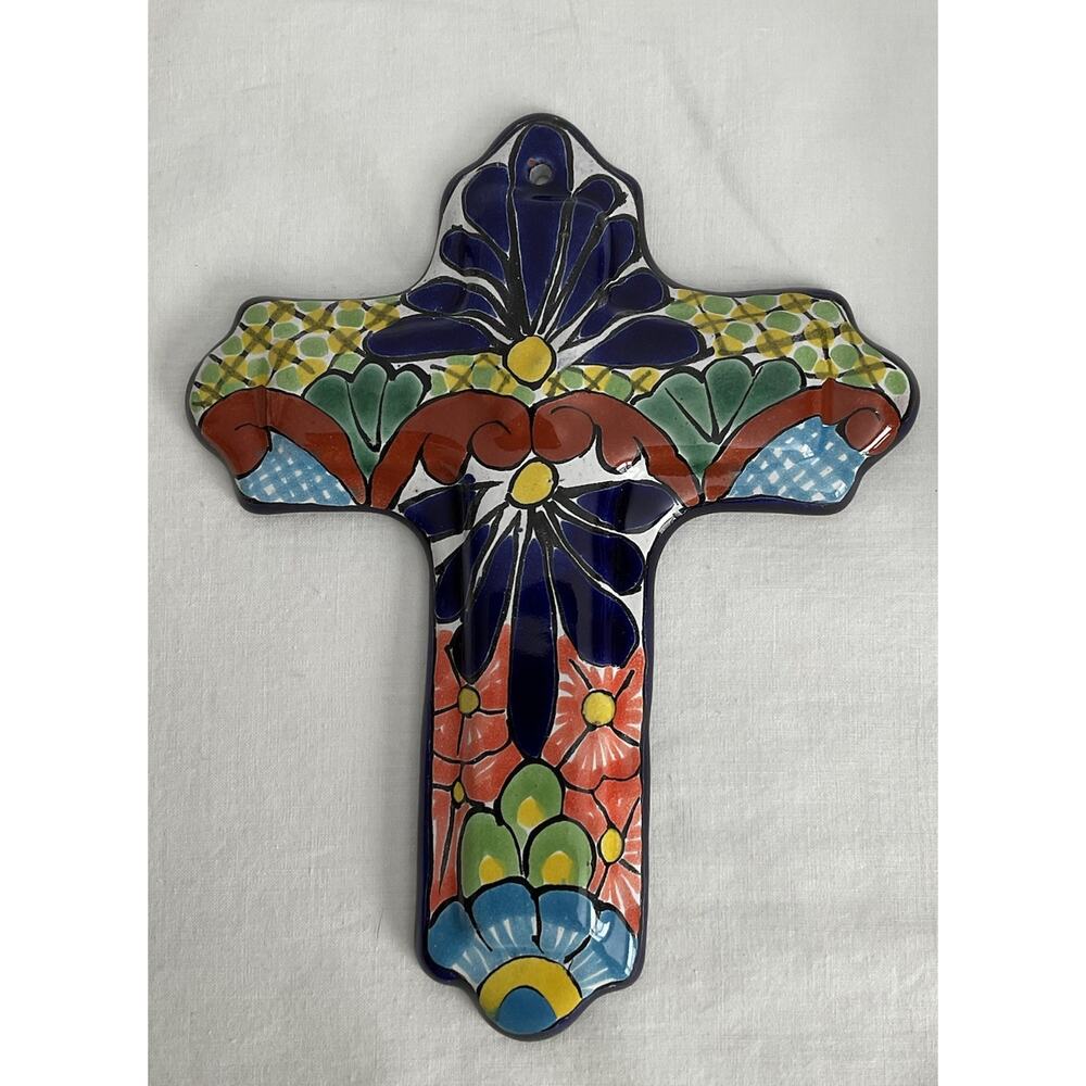Mexican Talavera Ceramic Wall Hanging Cross Hand Painted